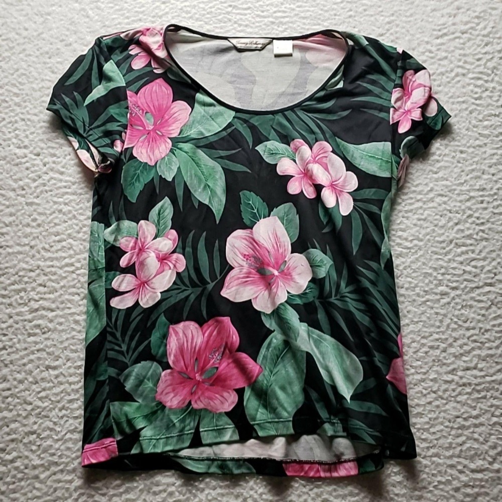 Tommy Bahama Shirt Womens Medium Black Scoop Neck Tropical Floral Silk Top - Picture 1 of 5